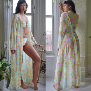 Savage X Fenty FREE SPIRIT FLORAL FULL-LENGTH‎ ROBE pink yellow small sheer NWT thumbnail 2