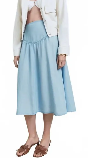 Mango Soft Denim Midi-Skirt with Gathered Detail NWT Haley Medium Blue XS thumbnail 1