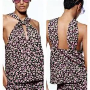 ZARA Floral Print Twist Halter Top Black Pink Cutout Back size small thumbnail 12