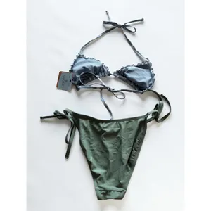Shade & Shore Floral Triangle Bikini Top and Side Tie‎ Bottoms Set Green Blue S thumbnail 2