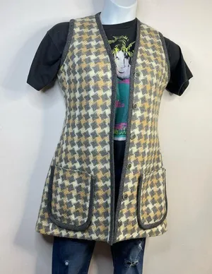Vintage 60s 70s Patty Woodard Wool houndstooth Plaid Long mod Vest womens 10 S M thumbnail 8