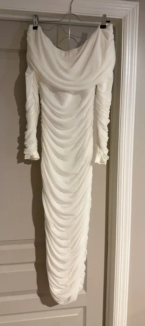 Amazon White Off The Shoulder Fitted Ruched Long Meshed Dress thumbnail 1
