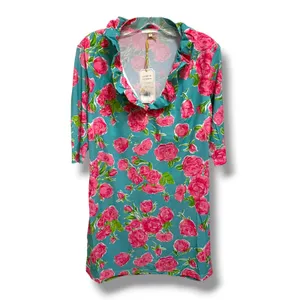 Simply Southern Pursuit of Preppiness Roses Dress Small NWT Teal Pink Ruffle thumbnail 4