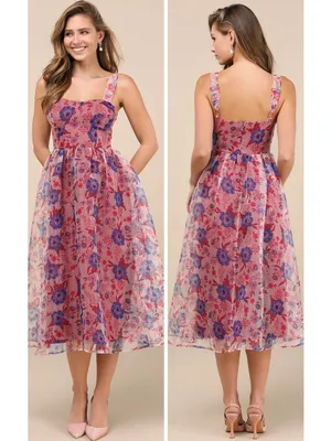 Lulus Delightful Look Magenta Floral Print Bustier Midi Skater Dress Size Large thumbnail 2