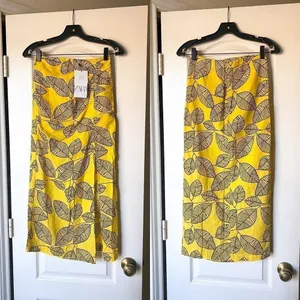 Zara Printed Linen Blend Leaf Midi Skirt Yellow Black‎ XS NWT thumbnail 2