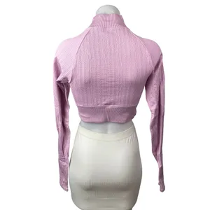 Alo Yoga Seamless Pink Cable Knit Mock Neck Long Sleeve Athletic Crop Top Sz S thumbnail 4