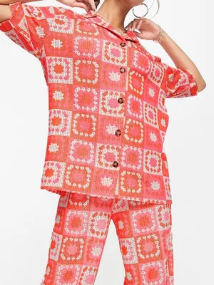 Damson Madder Bessie Wave Crochet Short Sleeve Co-ord Shirt Pink Orange 6 $136 thumbnail 3