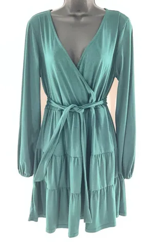 Leadingstar Chic Deep Green Long Sleeve Mock Wrap Dress w/Matching Belt-Size L thumbnail 1
