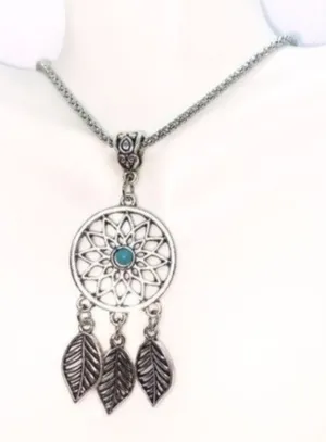 Boutique Silver Turquoise Dreamcatcher Feather Boho Necklace thumbnail 1
