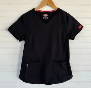Dickies Scrub Top XS Black V-Neck Short Sleeve‎ Zipper Pocket Ribbed Side Panels thumbnail 1