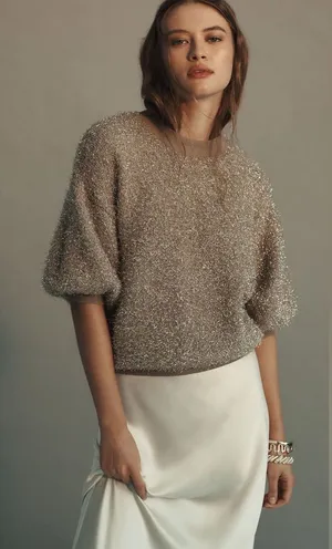Maeve Violette Short-Sleeve Tinsel Pullover Sweater Metallic Gold Honey Small thumbnail 1