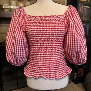 VINE & LOVE Red & White Gingham Milkmaid / Picnic / Puff Sleeves Top - Small thumbnail 2
