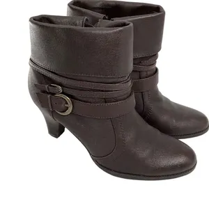 St. Johns Bay Womens 9M Brown Leather Ankle Boots Stacked Heel & Buckle Details thumbnail 1