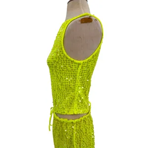 Lovers + Friends Erin Sequin Crop Top Mini Skirt Set Lime Green NWT Size Small thumbnail 7