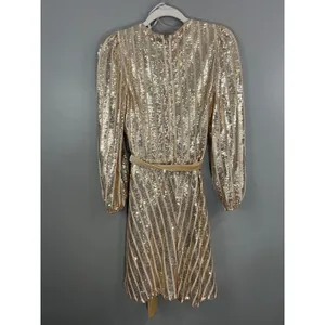 Nanette Lepore Sequin Wrap Dress Women Size 8 Gold Great Long Sleeve Velvet Belt thumbnail 5