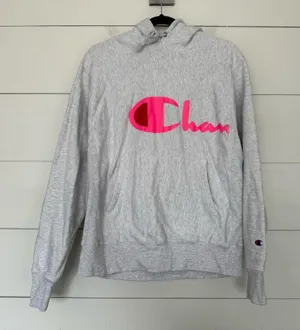 Urban Outfitters Champion Women’s Medium Grey Pink Logo Reverse Weave Hoodie thumbnail 1