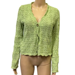 Mango MNG Open Work Knit Scalloped V neck Cardigan Long Sleeve Green Womens S thumbnail 2