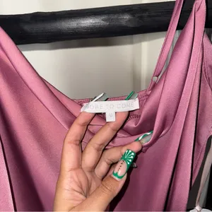 More to Come Adonia Pink Satin Wrap Midi Dress With Cowl Neckline And Tulip Hem thumbnail 7