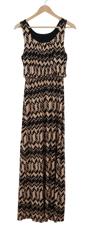 Chevron Print Maxi Dress Sleeveless Elastic Waist Tan Black Geometric S thumbnail 1