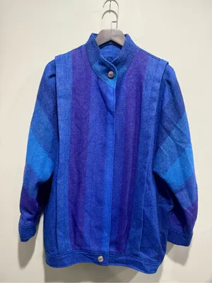 Vtg 80s Avoca Ireland Pure Wool Blue Purple Striped Jacket Unisex M XL⁠ thumbnail 1