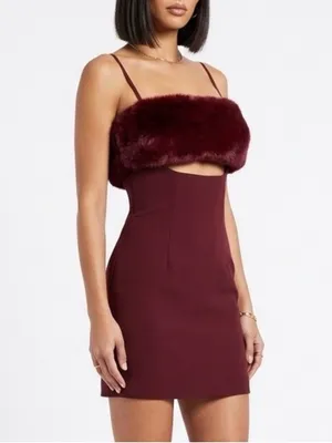 Naked Wardrobe Burgundy Faux Fur Trim Mini Dress Sexy Date Night Club Prom Med thumbnail 3