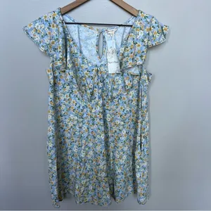 Hem & Thread NWT Peony Floral Ruffle Mini Dress Blue and Yellow Linen Size Small thumbnail 6