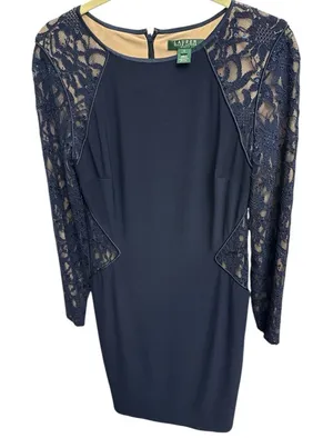 Ralph Lauren Sz 10 Navy Blue Sequined Lace Sleeve/ Waist Cutout Cocktail Dress thumbnail 1