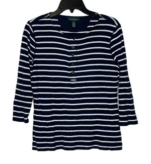 LRL Lauren Jeans Co. Striped Henley‎ Top Women Medium 3/4 Sleeve Front Button thumbnail 1