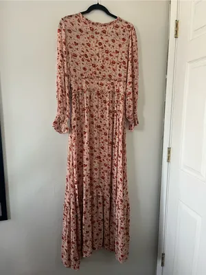 Orange Floral Long Sleeve Maxi Dress Large Cottagecore Prairie Romantic thumbnail 8