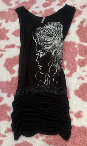 ✨ Y2K Glam Black Ruched Mini Dress w/ Rhinestone Rose Graphic – Edgy Fairycore Party Dress (Size S) ✨ thumbnail 1