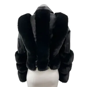 Women's Black Faux Fur Trim Faux Vegan Leather Crop Moto Biker Coat Jacket Sz S thumbnail 5