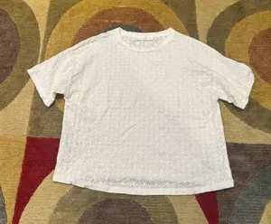 MNG Mango White Eyelet 100% Cotton Boxy Short Sleeve Crop Top Tee Shirt Size XS thumbnail 1