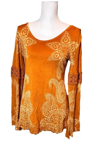 Indigo Thread Co Boho Paisley Tunic Top Womens Small Bell‎ Sleeve Crochet Trim thumbnail 1