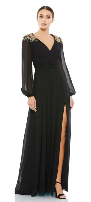 Mac Duggal Embellish Shoulder Black Blouson Sleeve Formal‎ Evening Gown Sz 8 NWT thumbnail 1