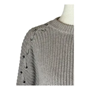 AllSaints Sweater Women XS Tan Crew Neck Cotton‎ Knit Aria Laced Short Jumper thumbnail 6