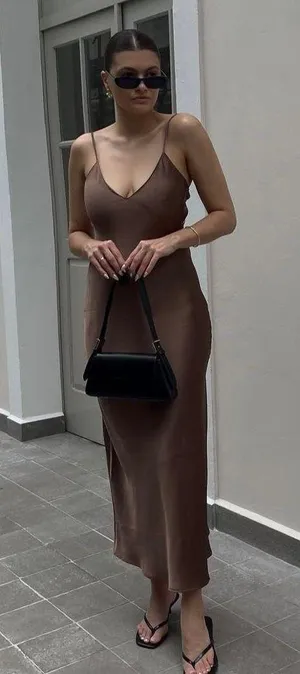 ZARA dress midi maxi satin wedding chocolate brown party cocktail thumbnail 22