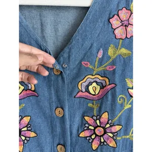 Vintage Embroidered Denim Dress Bechamel Button Front Cottagecore Grandma Core L thumbnail 8