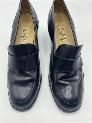 Vintage Womens Black Leather Heeled Loafers 7.5 Nine West Preppy Y2K thumbnail 4