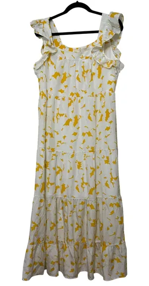 Marie Oliver‎ Yellow White Abstract 100% Silk Tiered Ruffle Maxi Dress Womens M thumbnail 1