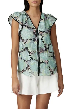 Kate Spade‎ Dahlia Burnout Top Blue Floral Boho Flutter Sleeve Blouse Women's XS thumbnail 1
