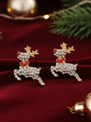 Holiday Gold Reindeer Crystal Stud Earrings thumbnail 4