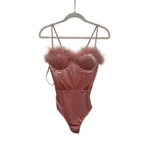 Windsor Pink Velvet Feather Trim Bodysuit Size S thumbnail 2