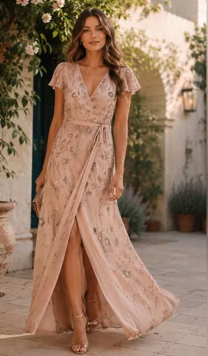 BHLDN Anthropologie Plymouth Floral Beaded Blush Maxi Wrap Dress | Size 4 thumbnail 1