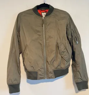 GAP Women’s Bomber Jacket XS Olive Green‎ Nylon Orange Lining Military Style thumbnail 1
