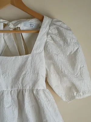 White Textured Mini Dress with Puff Sleeves and Square Neck thumbnail 2