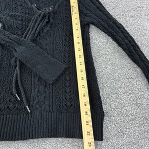 Free People Black Lace Up Crochet Knit Sweater Tunic Size‎ XS Casual Goth Moto thumbnail 6