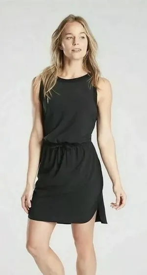 Athleta Rincon Dress Black Sleeveless Drawstring Waist‎ Activewear MIDI Large thumbnail 1