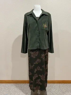 Erika Vintage 90s Two Piece Set Olive Green Floral Maxi Dress & Shacket Sz Small thumbnail 3