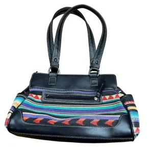 Chaps Black Faux Leather Woven Southwestern Multi Color Stripe‎ Shoulder Bag thumbnail 1