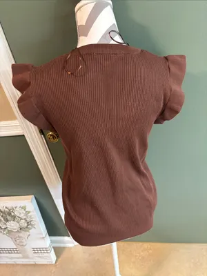 Cato Brown Floral Appliqué Sleeveless Ribbed Knit Top thumbnail 2